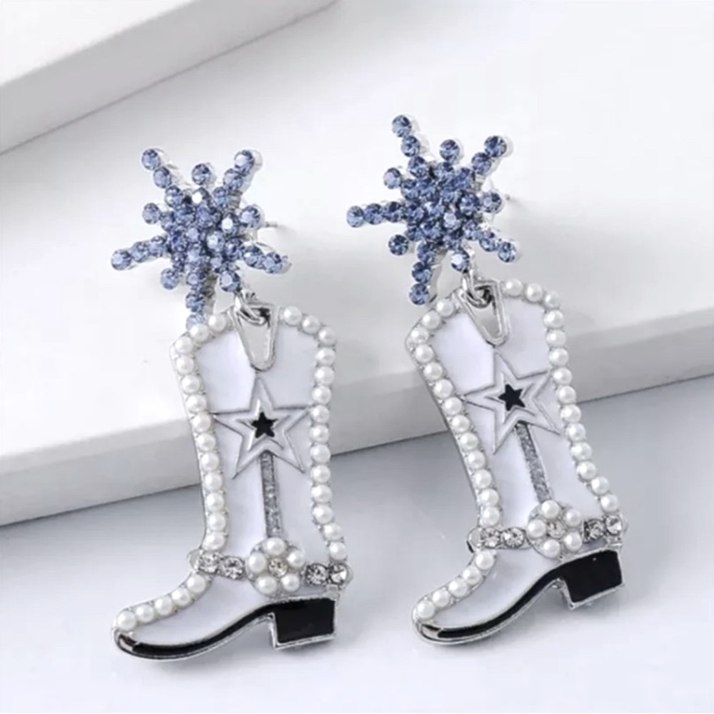 🔥 Western Style Cowgirl Boot Earrings with Pearl & Rhinestone Accents Blue
